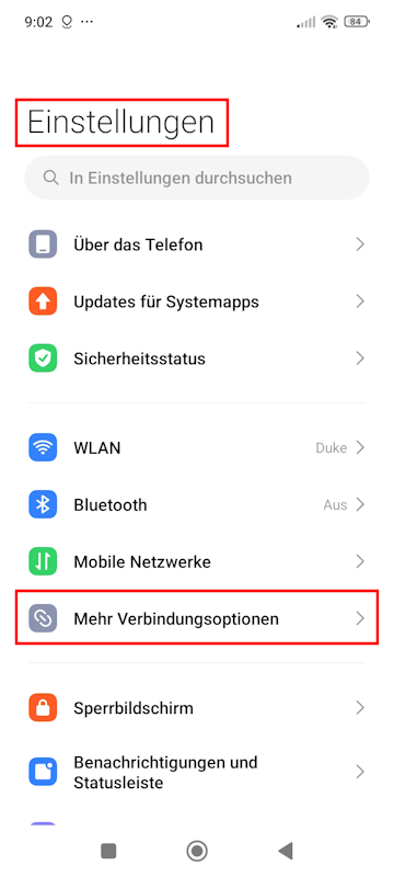 Einstellungen - Mehr Verbindungsoptionen