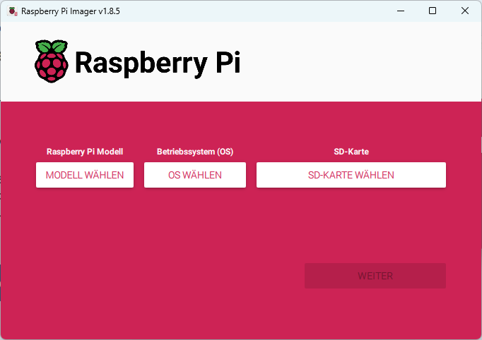 Raspberry Pi Imager Startbildschirm Version 1.8.5