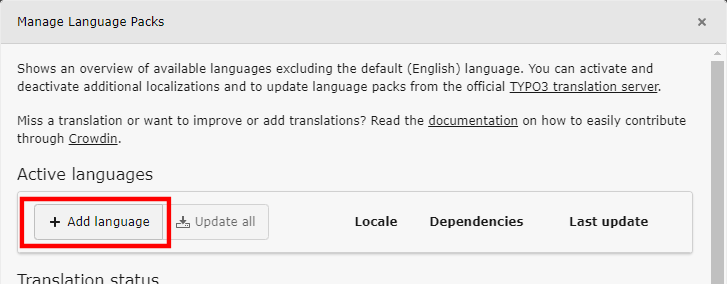 Typo3 Manage Language Packs - Add language