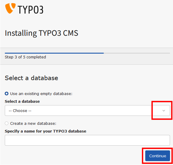 Typo3 Step 3 - Datenbank auswählen