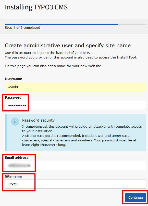 Typo3 Step 4 - Admin Passwort, E-Mail Adresse und Site name