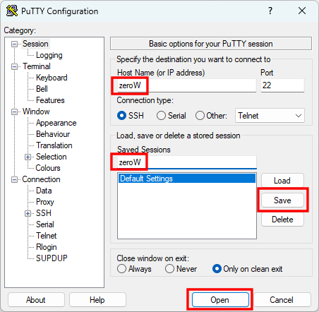 PuTTY Startbildschirm mit Name zeroW