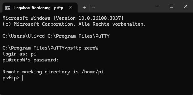 psftp erfolgreich mit Raspberry Pi verbunden