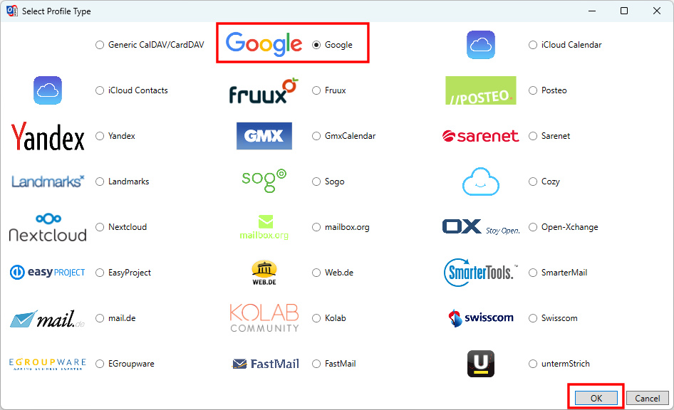 Outlook CalDav Synchronizer Google auswählen