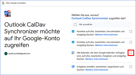 Outlook CalDav Synchronizer Auswahl Details im Browser